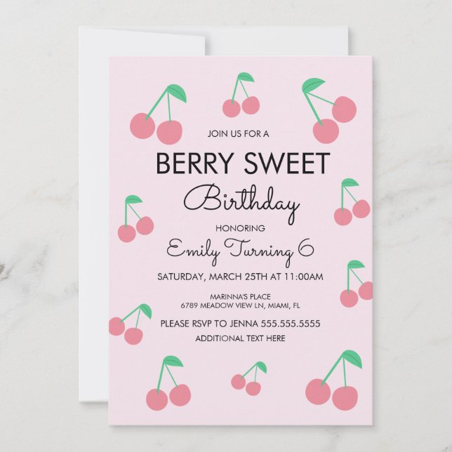 Cherries Fruit Pink Red Birthday Party Invitation (Front)