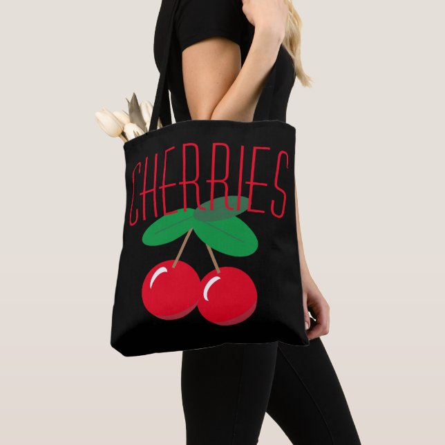 Cherries Fruit Red Black Tote Bag (Close Up)