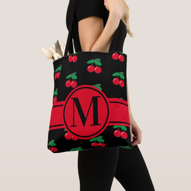 Cherries Fruit Red Pattern Monogram Black Tote Bag (Close Up)