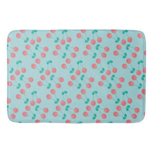 Cherries Hand Painted Watercolor Pink Teal       Bath Mat