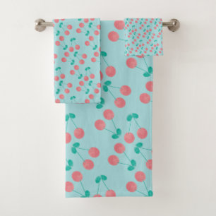 Cherries Hand Painted Watercolor Pink Teal        Bath Towel Set