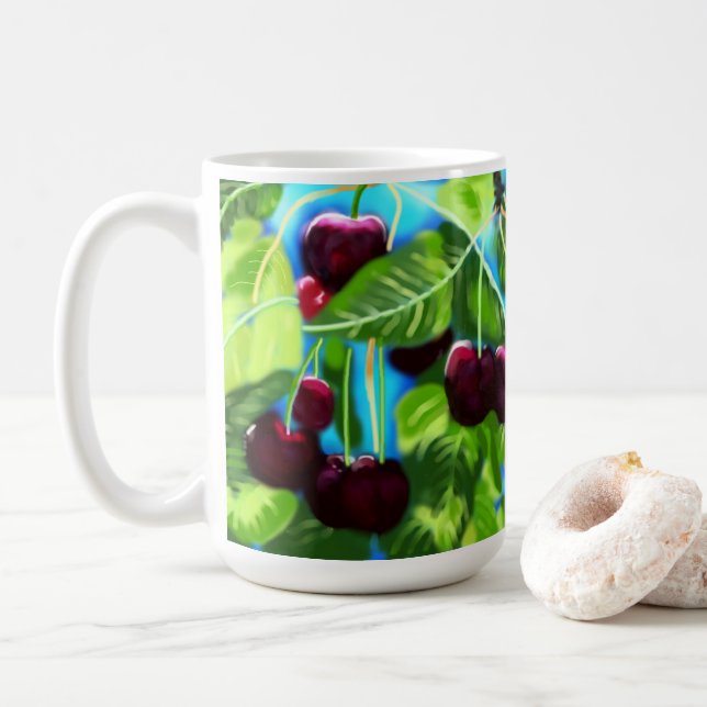 Cherries Hanging From Branches Cherry Red Green Coffee Mug (With Donut)