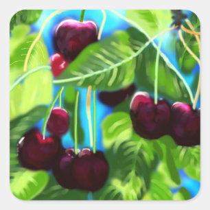 Cherries Hanging From Branches Cherry Red Green Square Sticker