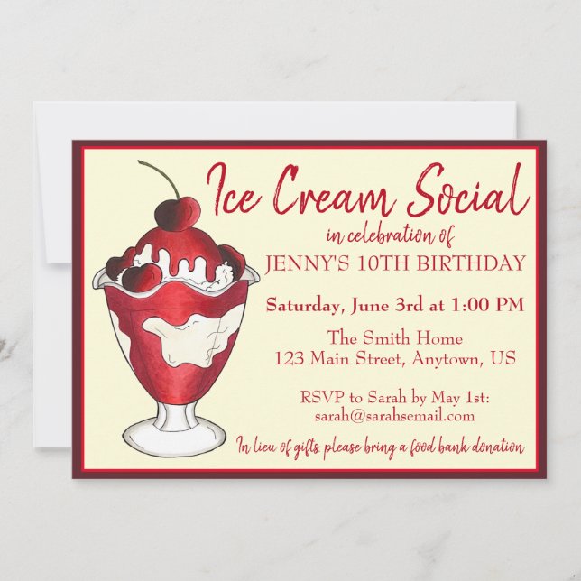Cherries Jubilee Sundae Ice Cream Social Party Invitation (Front)