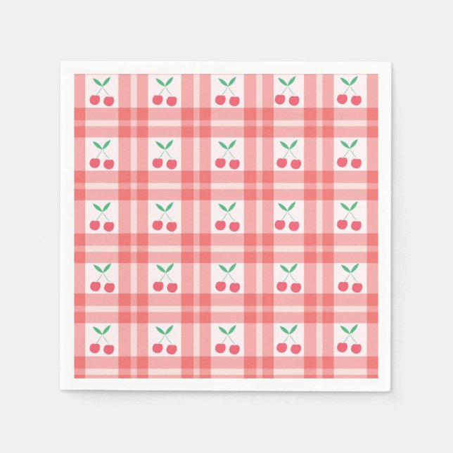 Cherries on Red Plaid Gingham Pattern  Napkin (Front)