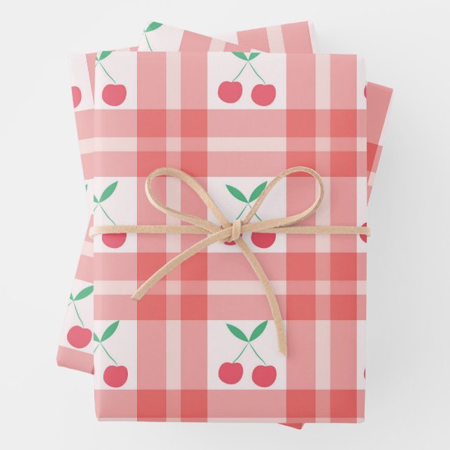 Cherries on Red Plaid Gingham Pattern  Wrapping Paper Sheet (In situ)