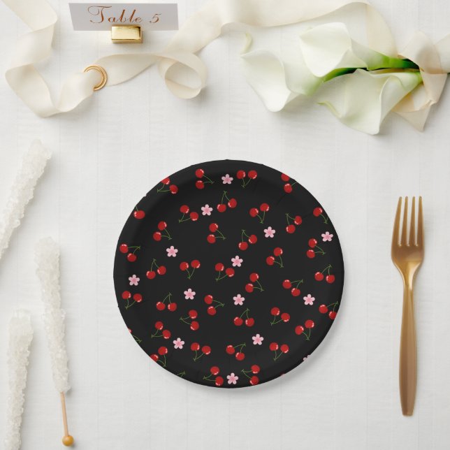  Cherries Pattern on Black Background Paper Plate (Wedding)