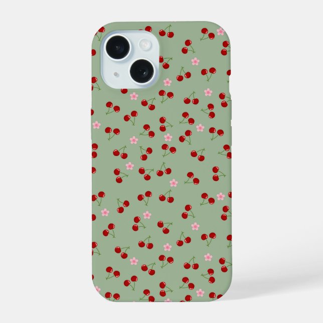 Cherries Pattern on Green Background iPhone 15 Case (Back)