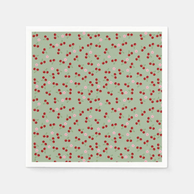 Cherries Pattern on Green Background Napkin (Front)