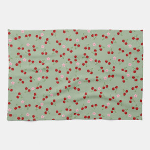 Cherries Pattern on Green Background Tea Towel