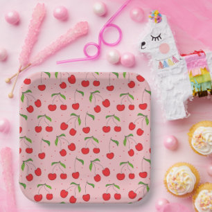 cherries Pattern Pink & Red Paper Plate