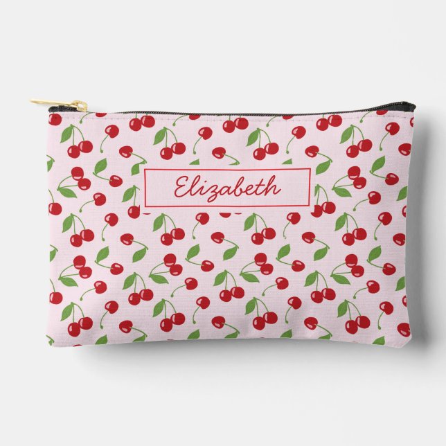 Cherries Pattern With Pale Pink Name Accessory Pouch (Front)
