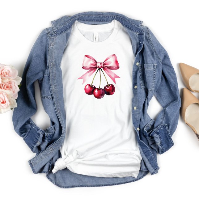 Cherries Pink Bow Coquette Aesthetic Girly Preppy T-Shirt (Cherries Pink Bow Coquette Aesthetic, Trendy Preppy T-shirt for her)