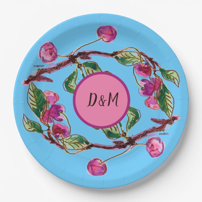 Cherries Pink Fruit on Turquoise with Initials Paper Plate (Front)