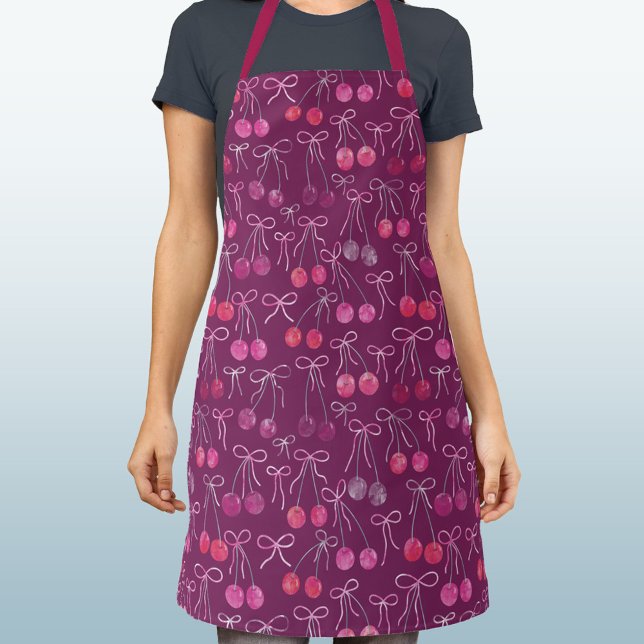 Cherries Ribbons and Bows Watercolor Pattern Apron (Watercolor cherries, ribbons and bows pattern black cherry apron
)