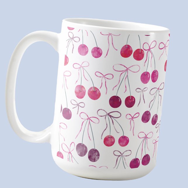 Cherries Ribbons and Bows Watercolor Pattern Coffee Mug (Cherries Ribbons and Bows watercolor pattern coffee mug)