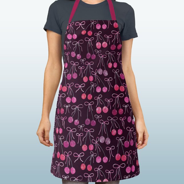 Cherries Ribbons and Bows Watercolor Pattern Dark Apron (Watercolor cherries, ribbons and bows pattern black cherry apron)