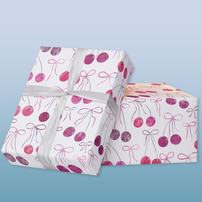 Cherries Ribbons and Bows Watercolor Pattern Wrapping Paper (Cherries, ribbons and bows gift wrapping paper roll
)
