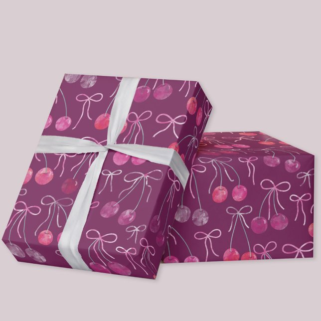 Cherries Ribbons and Bows Watercolor Pattern Wrapping Paper (Cherries, ribbons and bows gift wrapping paper roll)