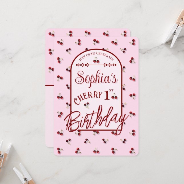 Cherries Theme First Birthday Invitation (Front/Back In Situ)