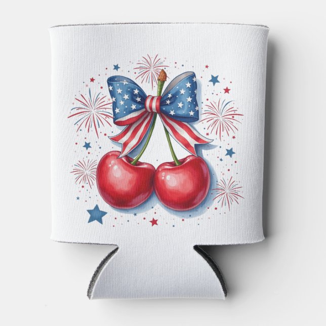 Cherries with Coquette Bow 4th of July American   Can Cooler (Front)