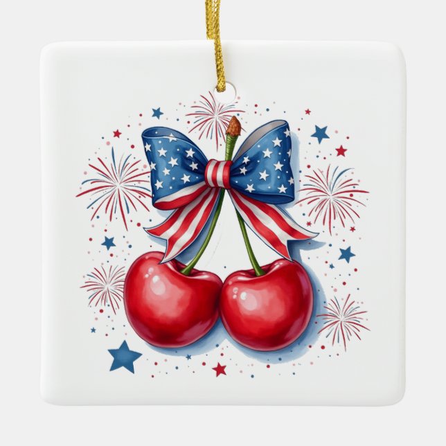Cherries with Coquette Bow 4th of July American   Ceramic Ornament (Front)