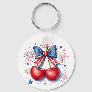 Cherries with Coquette Bow 4th of July American   Key Ring