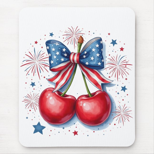 Cherries with Coquette Bow 4th of July American   Mouse Pad (Front)