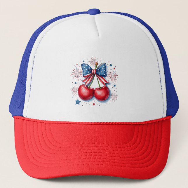 Cherries with Coquette Bow 4th of July American   Trucker Hat (Front)