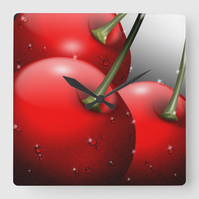 Cherries with Dew Drops Square Wall Clock (Front)