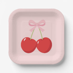 Cherries with Pink Bow Coquette Birthday Party Paper Plate