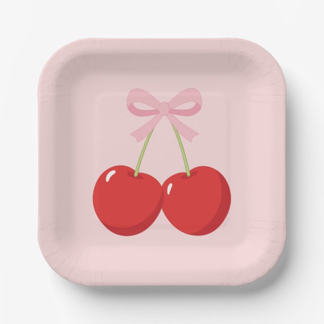Cherries with Pink Bow Coquette Birthday Party Paper Plate (Front)