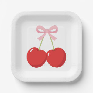 Cherries with Pink Bow Coquette Birthday Party Paper Plate