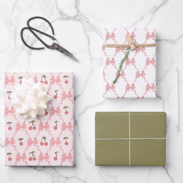 Cherries Wrapping Paper, Pink Bows Gift Wrap (Front)