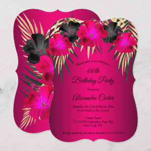 Cherrry Pink Gold Palms Hibiscus Birthday Party Invitation