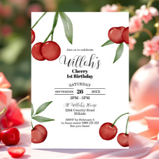 Cherry 1st Birthday Invitation Summer Cherries