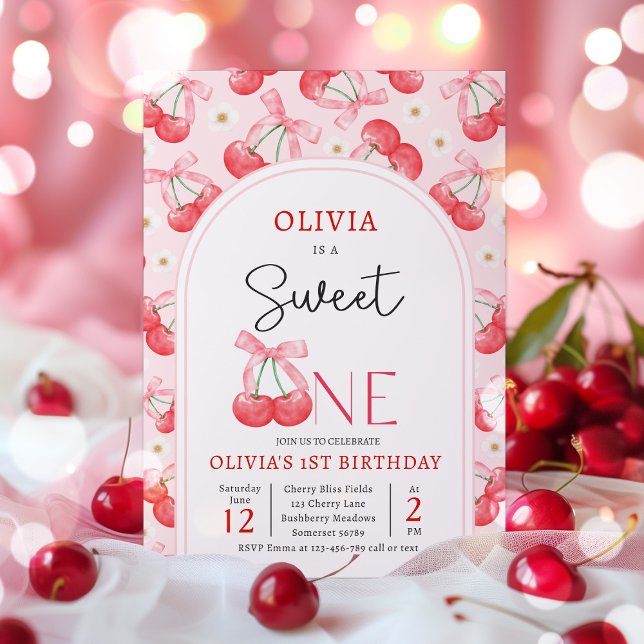 Cherry 1st Birthday Party Coquette Cherry Birthday Invitation (Creator Uploaded)