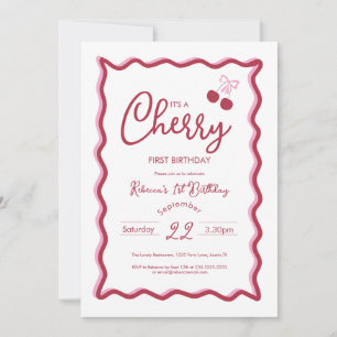 Cherry 1st Birthday Pink Bow Coquette  Invitation