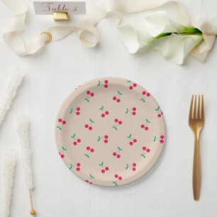 Cherry Aesthetic Cherries Pattern Beige Paper Plate