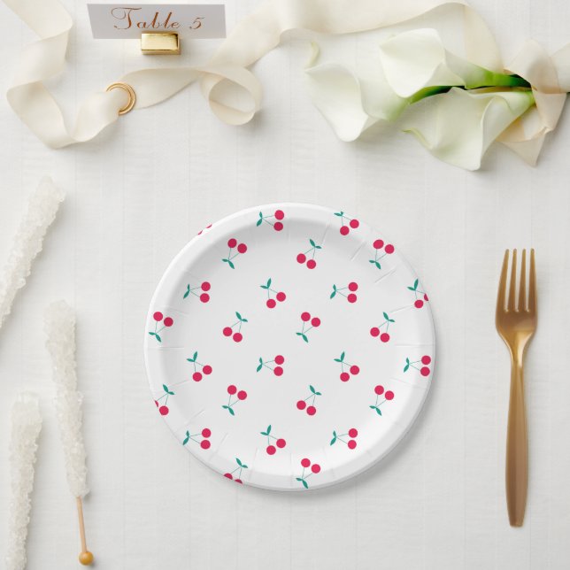 Cherry Aesthetic Cherries Pattern White  Paper Plate (Wedding)
