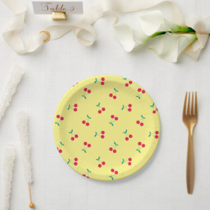 Cherry Aesthetic Cherries Pattern Yellow Paper Plate
