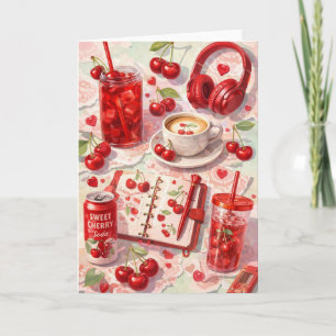 Cherry Aesthetic Pink & Red Cute Cherries Coffee & Card