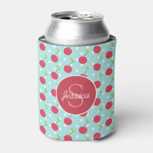 Cherry and Blue Polka Dot Pattern Personalised Can Cooler