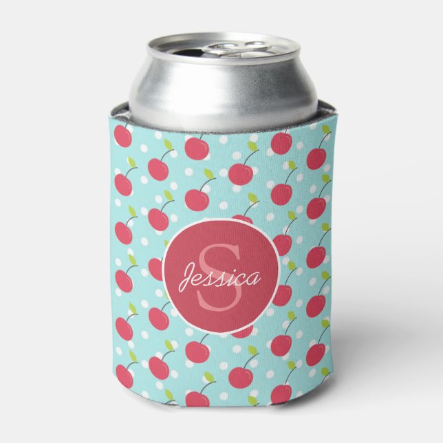 Cherry and Blue Polka Dot Pattern Personalised Can Cooler (Can Front)