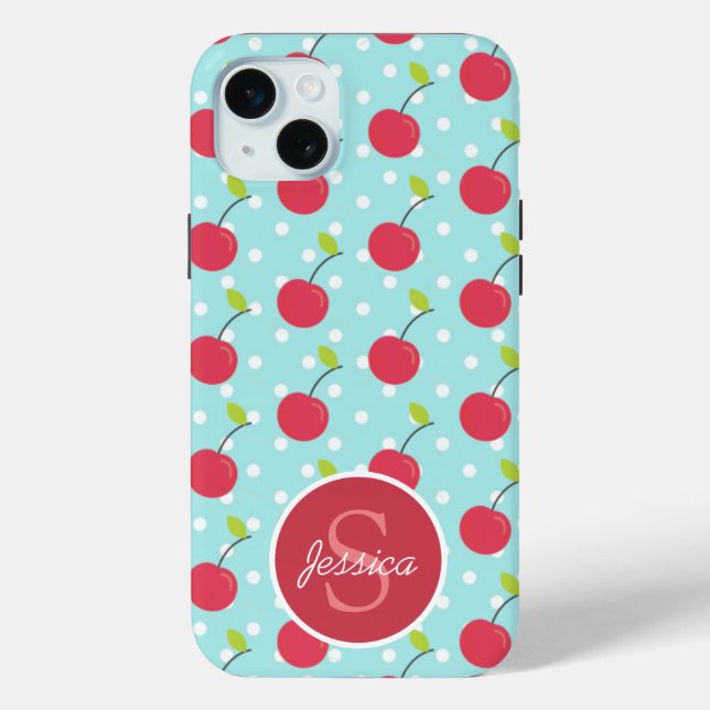 Cherry and Blue Polka Dot Pattern Personalised Case-Mate iPhone Case (Back)