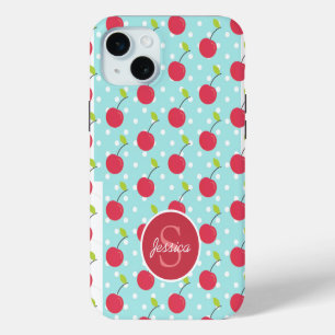 Cherry and Blue Polka Dot Pattern Personalised iPhone 15 Plus Case