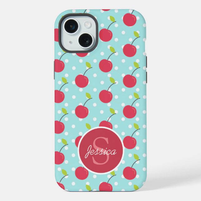 Cherry and Blue Polka Dot Pattern Personalised iPhone Case (Back)