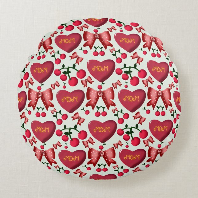 Cherry and bow pattern gift for Mum  Round Cushion (Front)