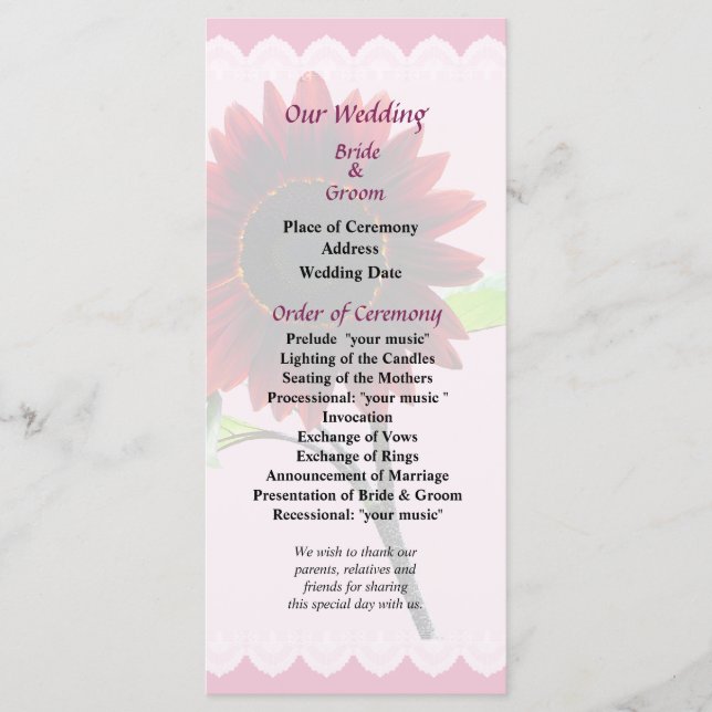 Cherry and Chocolate Sunflower Wedding Program Programme (Front)