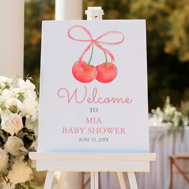 Cherry and Pink Ribbon Baby Shower Welcome Sign (Creator Uploaded)